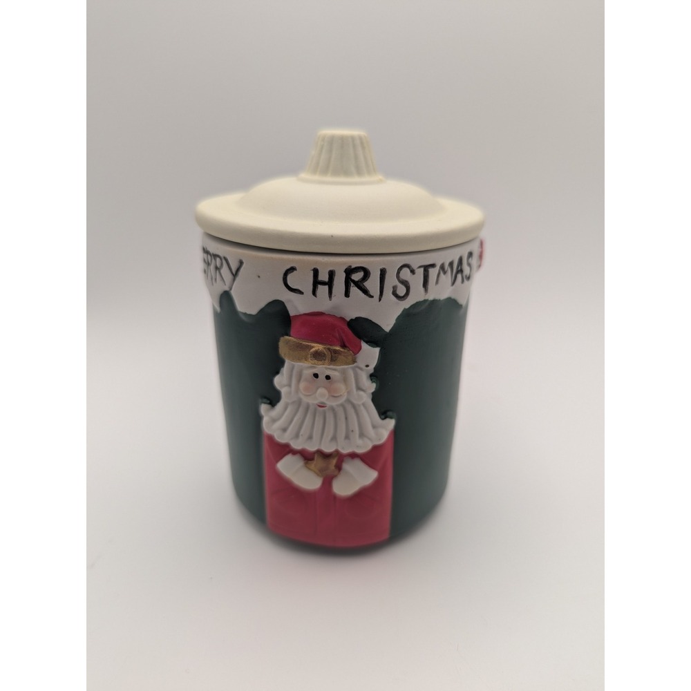 Vtg Christmas Dolgencorp Santa Candle Green Ceramic Jar with Lid Merry Christmas